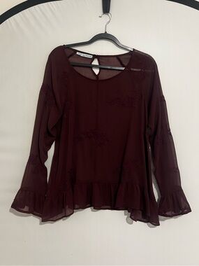 Maurices Top Large Maroon Peplum Y2K Whimsigoth Sheer Embroidered Flare Fairy